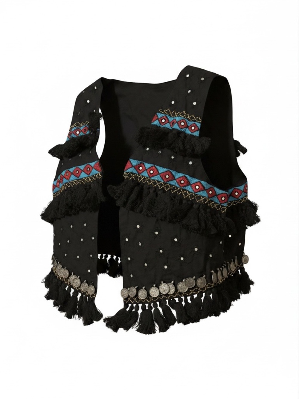 RAGA Black Embroidered Fringe Vest with Teal & Red Accents